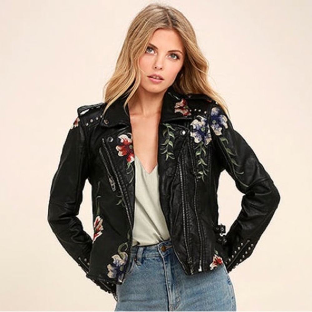 Blank NYC Black Floral Embroidered Leather Jacket